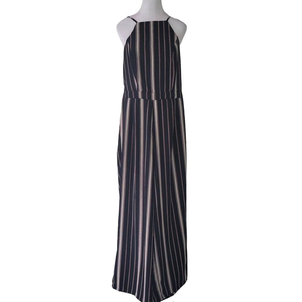 Japna Size M Striped Sleeveless High Neck Open Back Tie Detail Jumpsuit Casual